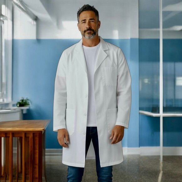 Landau White Lab Coat Notch Collar Button Front 3 Pockets HAND HOLE mens large - Picture 1 of 11